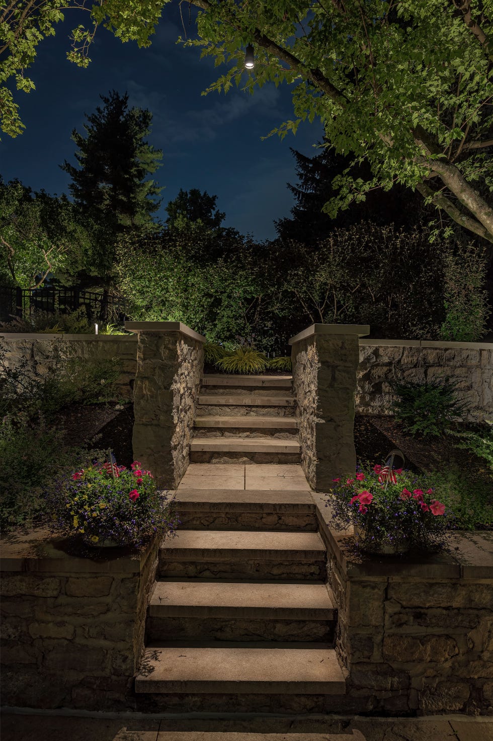 Illuminated stone steps leading to a garden area at night.