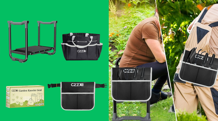 The seat comes with two garden tool bags, one of which can attach to the side of the railings.