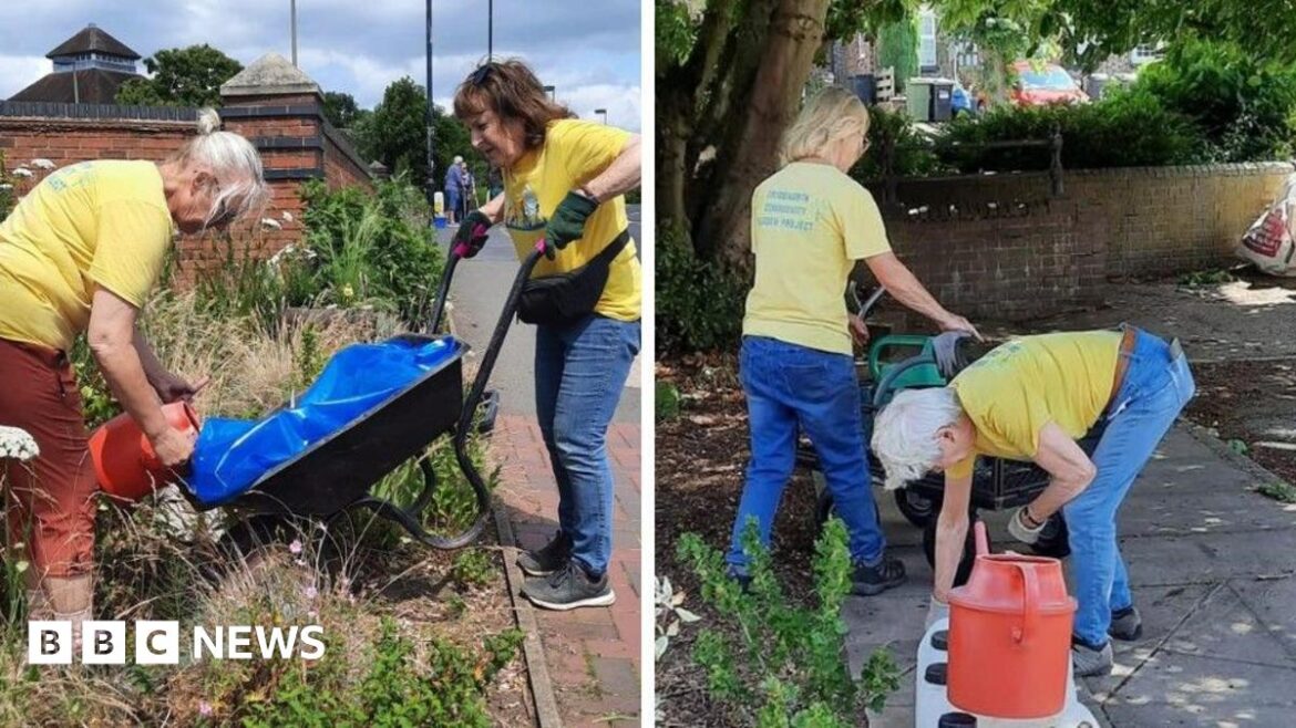 Bridgnorth volunteers turn town’s neglected land into gardens Volunteers work on areas of land in Bridgnorth. Two women are using a wheelbarrow near a patch of land next to a pavement and another team are planting in a paved area and using a red watering can. The volunteers have yellow T-shirts showing the group's name.