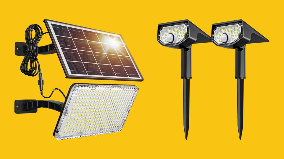 Flood light with solar panel on top, beside two light stakes on yellow background