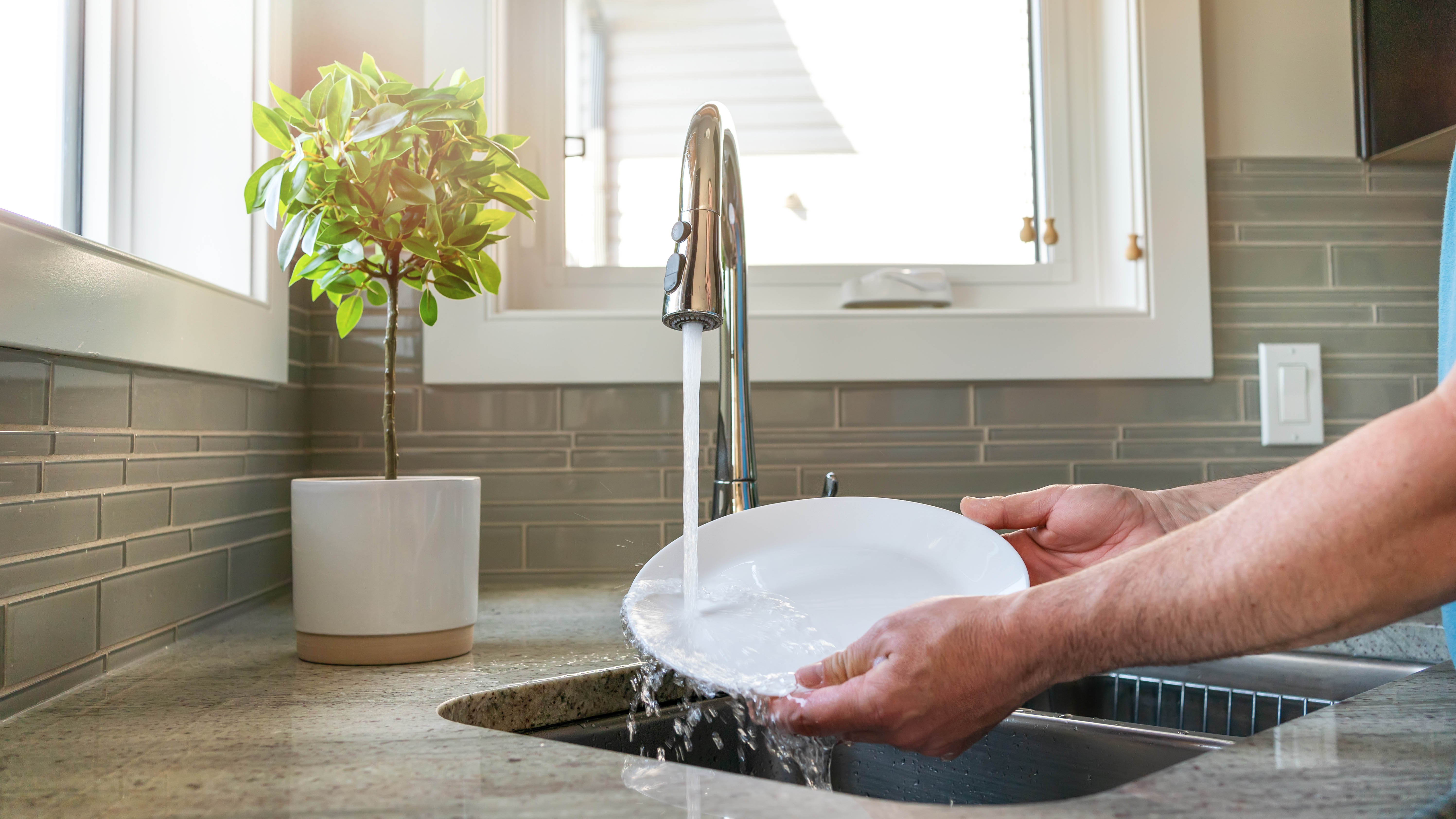 A plate being rinsed in the sink with running water