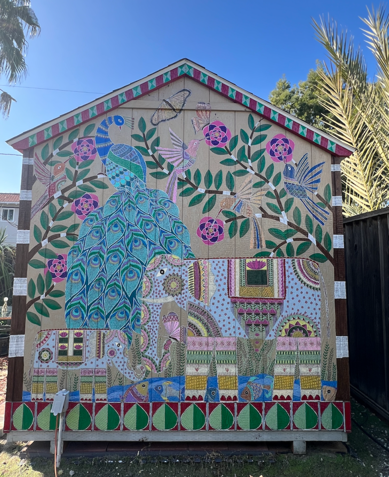 A painted garden shed