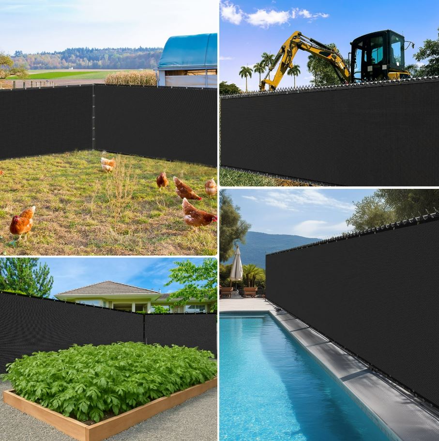 Collage of black privacy fence in various settings.