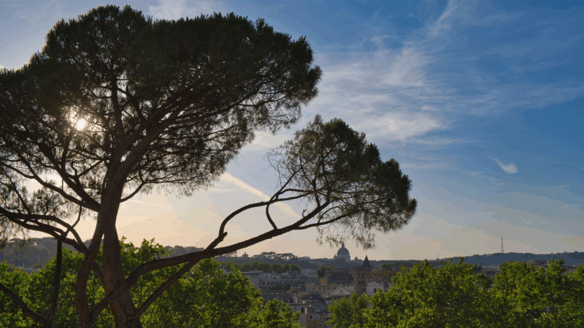 View overlooking the city of Rome from the Giardino degli Aranci in early summer