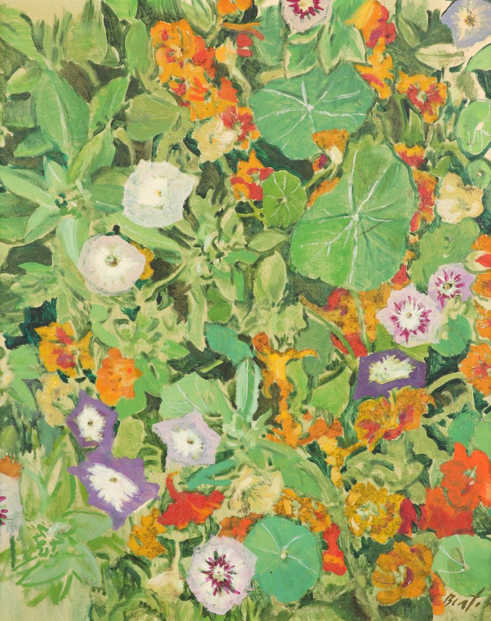 A color painting of a dense arrangement of green leaves and brightly colored flowers in shades of white, orange, yellow, red and purple.