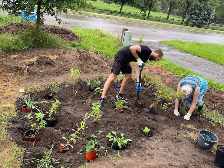 Two people arranging plants in the soil.