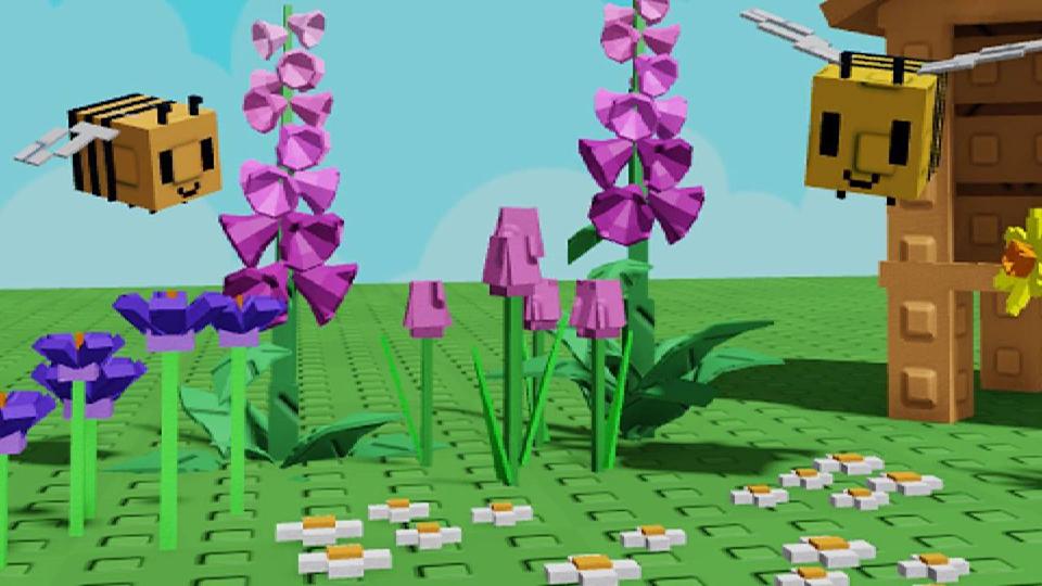  Two bees surrounded by flowers in Roblox Grow a Garden . 