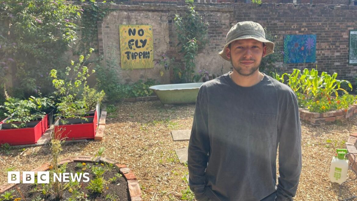 Leek fly-tipped wasteland turned into community garden Three volunteers, two women and a man, sit on a bench