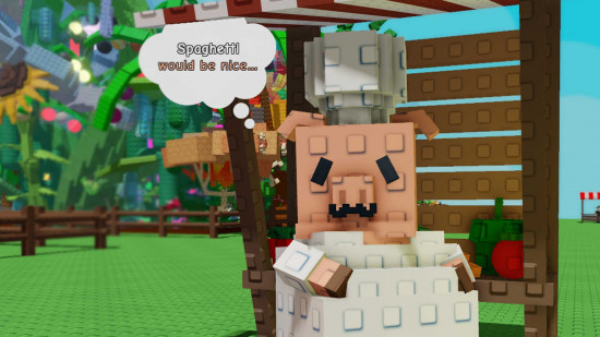 Chris P asking for spaghetti in Grow a Garden.