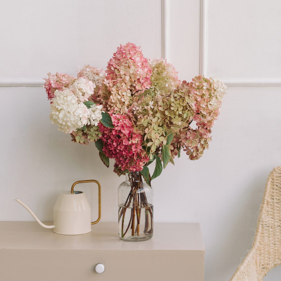 vase of hydrangea flowers on a sideboard with a watering can