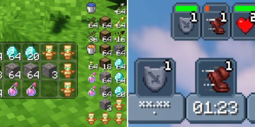 A split image showing a bunch of inventory and buff information on the side of a player's screen.