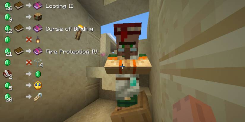 A player looking at a vilager receiving trade information on the left side of their HUD.