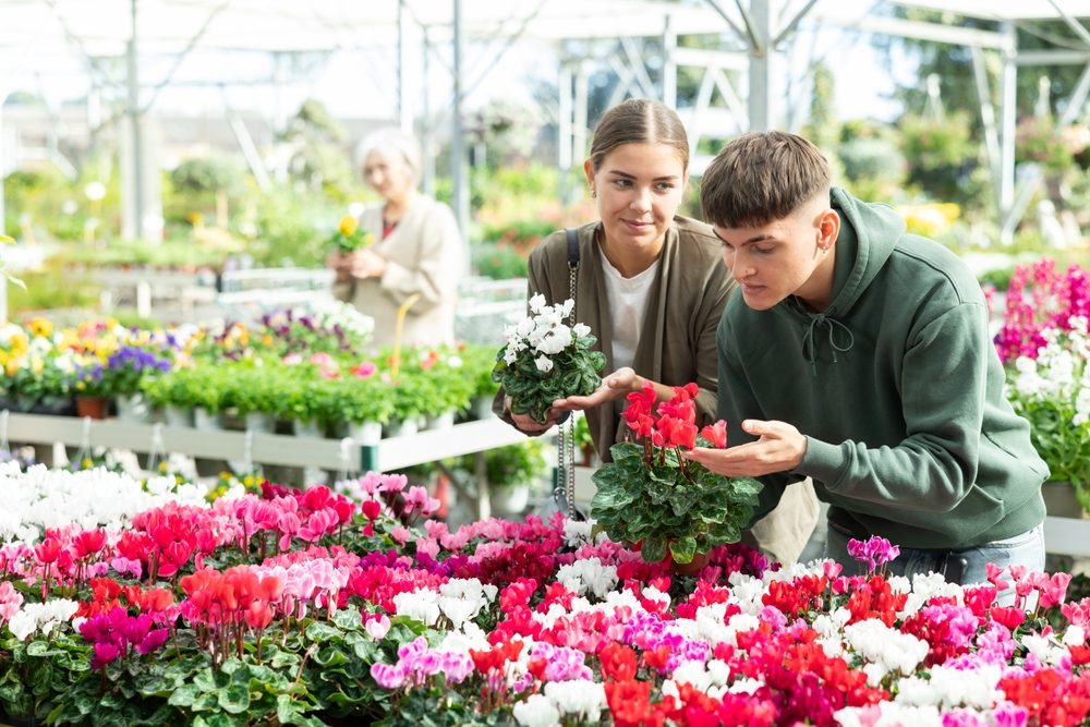 Young couple shopping in garden center with lots of flowers on display.