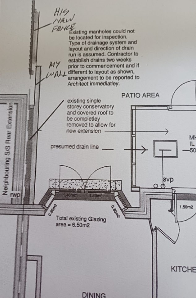 An inspection report also shows his neighbour's fence lining up with the boundary line