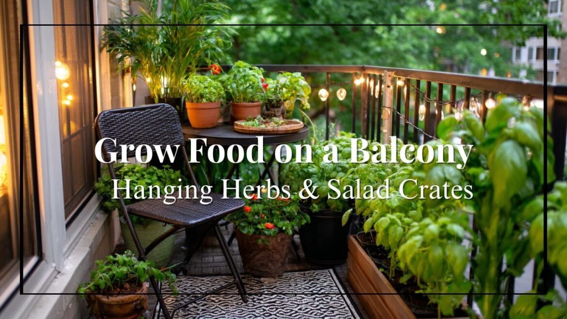 Balcony Edible Garden Setup with Hanging Herbs, Salad Crates & Tomato Planters for Small Space