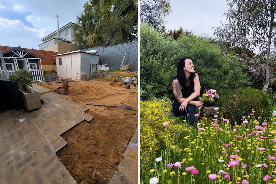 Left, pavers being removed from Mel's backyard on the south Perth coast. Right, Mel sitting amongst native flowers planted in her front verge. 