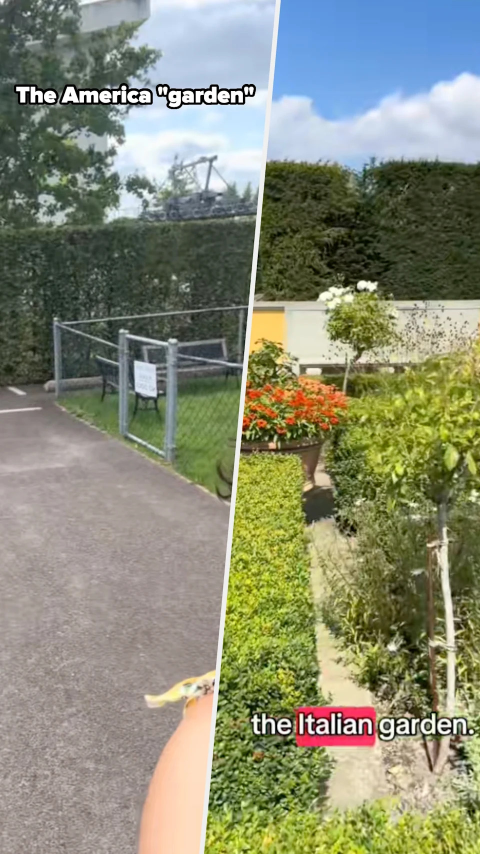 Split image compares a simple American garden with a more ornate Italian garden, highlighting cultural garden design differences