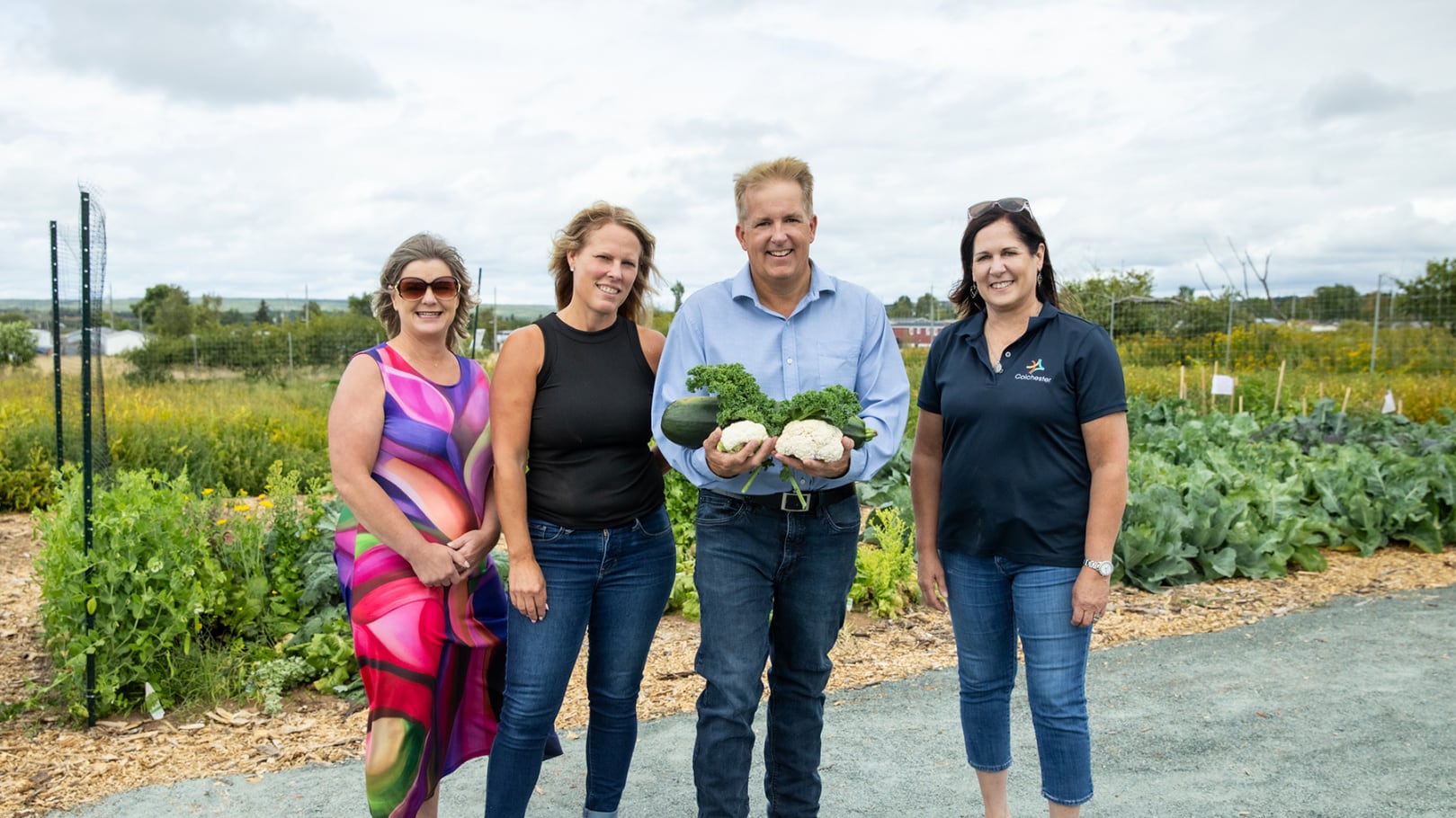 From left, Shelly DeViller, volunteer and outgoing Executive Director of the Colchester Food Network; Heather Fraser, Vice-President of Community Programming and Agriculture with Rath Eastlink Community Centre; Scott Armstrong, Minister of Opportunities and Social Development; and Municipality of Colchester Coun. Lisa Patton at the Colchester Food Network’s community garden in Bible Hill. (Source: Province of Nova Scotia)