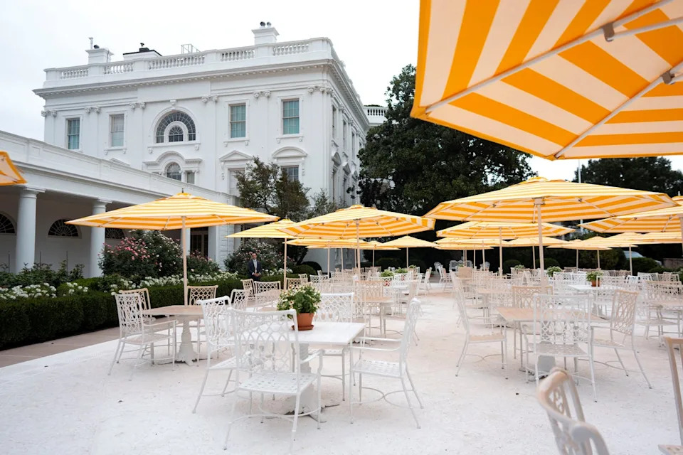 Trump paved over a portion of the Rose Garden to put down limestone tiles and add country club-style chairs and tables (via REUTERS)