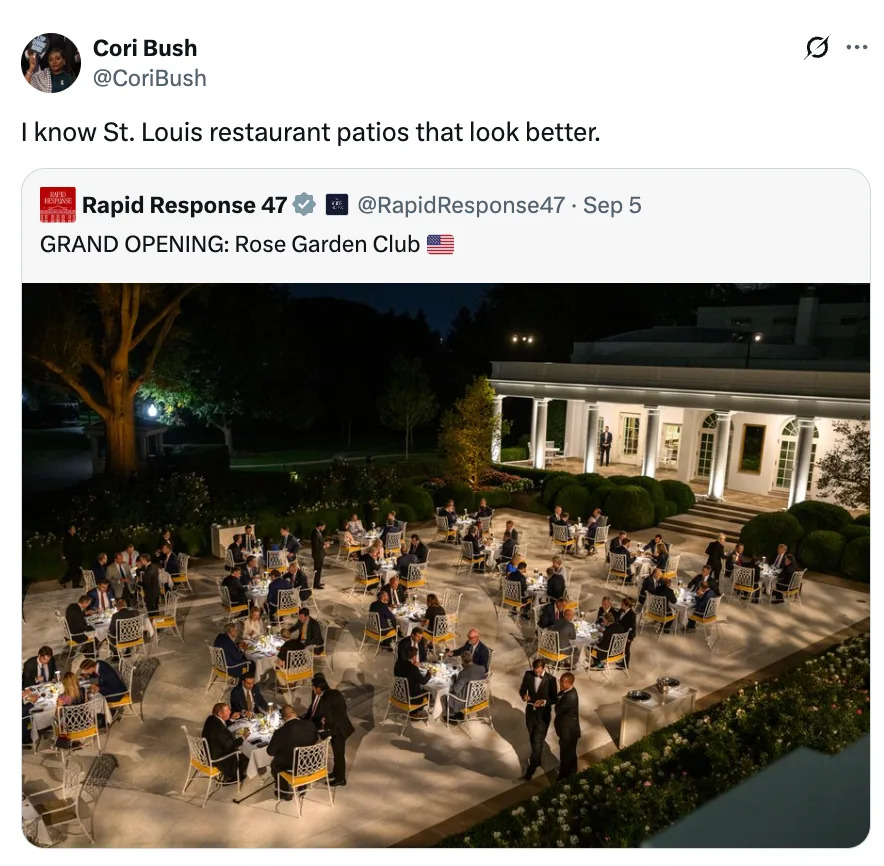 Tweet by Cori Bush showing a photo of people dining outdoors at night with a caption about restaurant patios