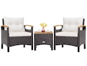 The Tangkula 3-Piece Patio Bistro Set features two chairs with white cushions, dark brown rattan frames, wooden arm rests and a small coffee table with a rattan frame and wooden top.