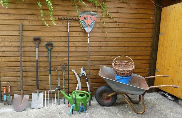 Store your garden tools in a shed or other place where they are protected from the weather. (Wikimedia Commons)
