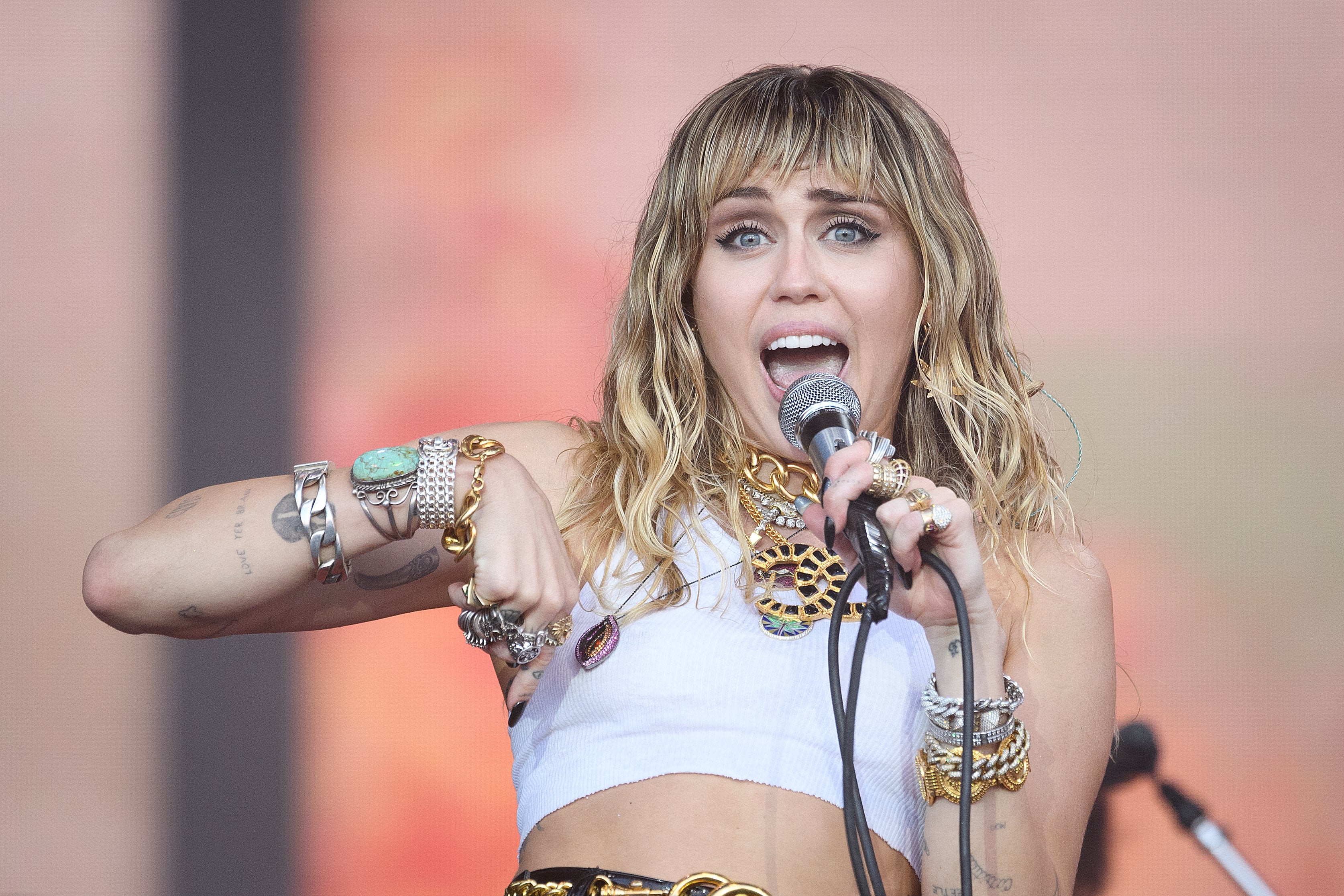 Miley Cyrus performing at the 2019 Glastonbury Festival