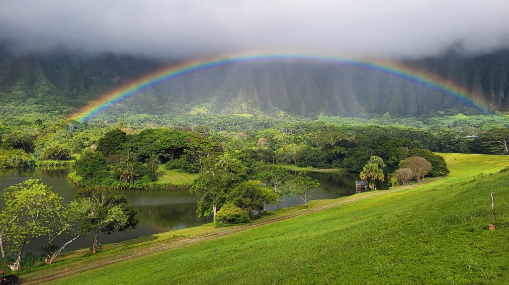 Rainbow over Loko (Lake) Waimaluhia at Ho‘omaluhia Botanical Garden in Windward O‘ahu. 