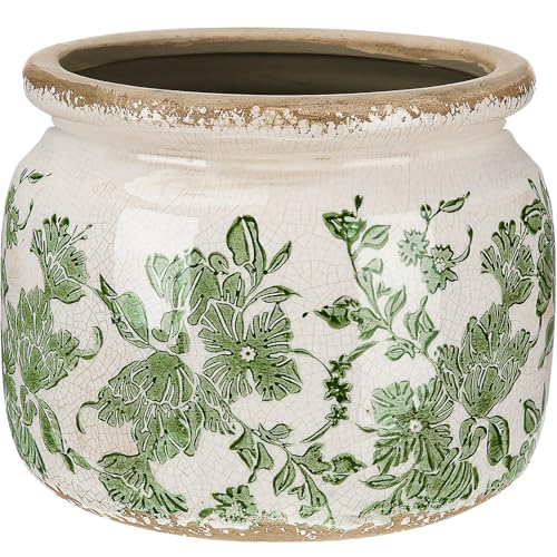 Ninehaoou 7.7" Large Ceramic Plant Pot Beige Green Vintage Floral Crackle Glaze Rustic Flowers Pot Decorative Planter With Drainage for Indoor Outdoor Plants Home Kitchen Office Decor Gift