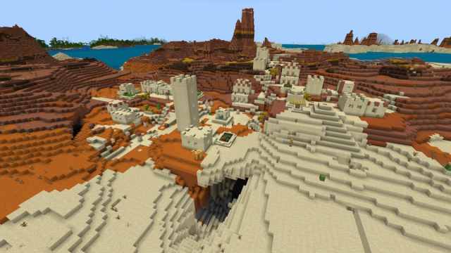 A Desert Temple beneath a Desert Village in a Minecraft Badlands biome