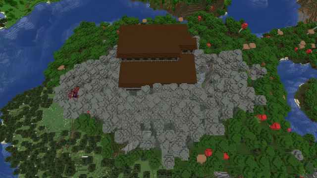 A Minecraft Pale Garden biome with a Woodland Mansion and a ruined Nether portal