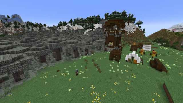 A Pillager Outpost on the edge of a Pale Garden biome in Minecraft