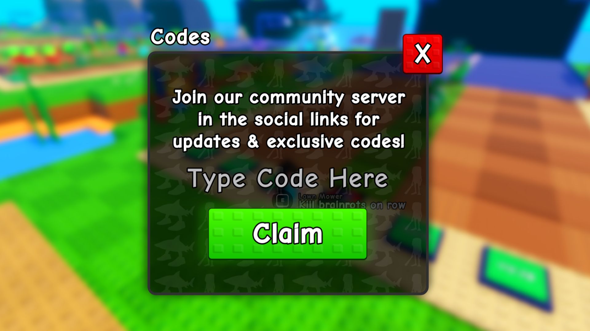 The final Plants vs Brainrots code redemption screen. There's a place that says "Type Code Here" in the center and a green "Claim" button at the bottom. 