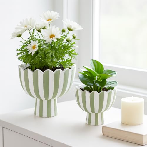 Striped Flower Pots and Planters for Home Decor &ndash; Modern Indoor or Outdoor Pots for Plants Perfect for Orchids, Herbs, or Ferns &ndash; Chic Pot for Indoor Plant Stand; Set of 2 &ndash; 8", 6" Green &amp; White