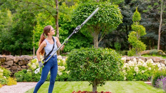 A woman holding up the GTech HT50 Long Reach Cordless Hedge Trimmer, as she uses it against a garden hedge.