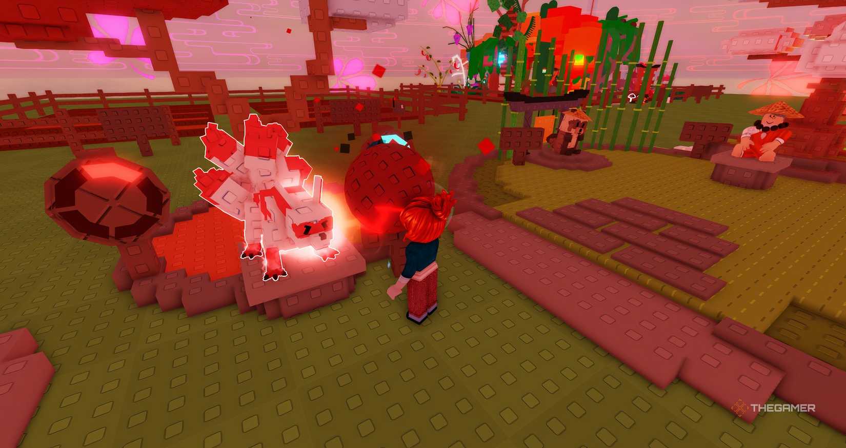 A player giving a corrupt fruit to the Kitsune in Grow a Garden.