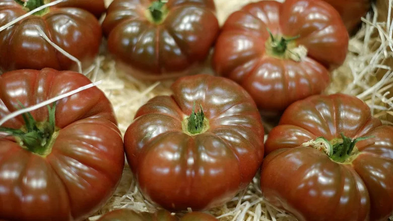 Cherokee Purple tomatoes stacked on straw