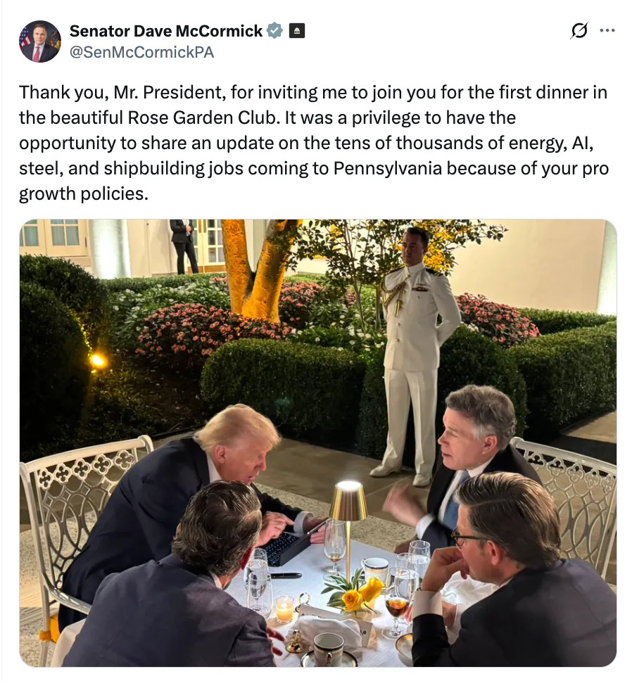 Senator thanks President for a dinner invitation and discusses energy, AI, steel, and shipbuilding jobs coming to Pennsylvania