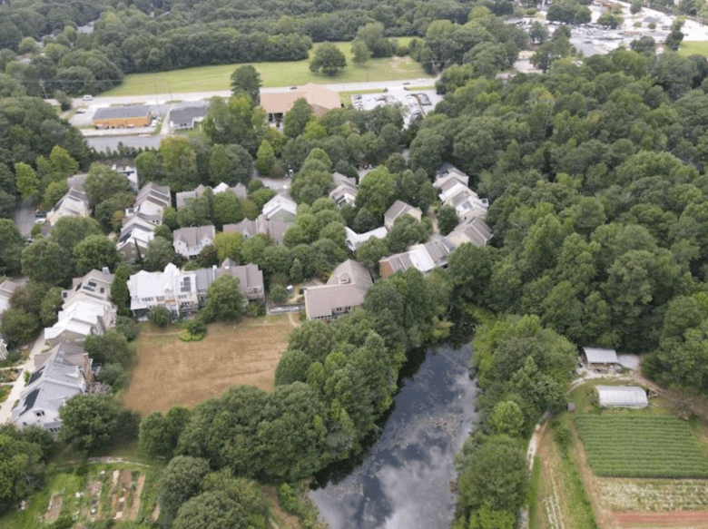 Aerial shot overlooking Gaia Gardens and East Lake Commons toward Glenwood Avenue. (Provided by East Lake Commons/Gaia Gardens)