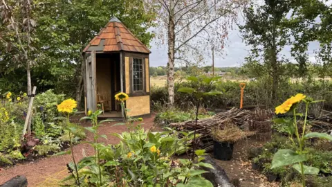 BBC A small hut with a tiled roof sits among a garden of yellow flowers, trees, and woven fencing, with tools and plants arranged nearby. The scene overlooks open countryside under a cloudy sky.