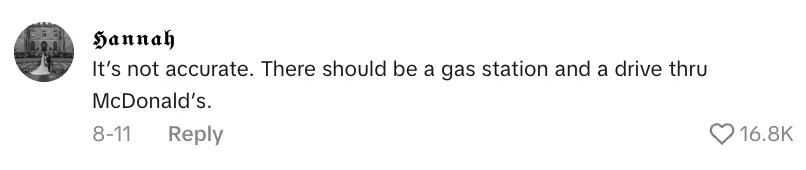 Comment mentioning a gas station and drive-thru McDonald's is missing, with 16.8K likes
