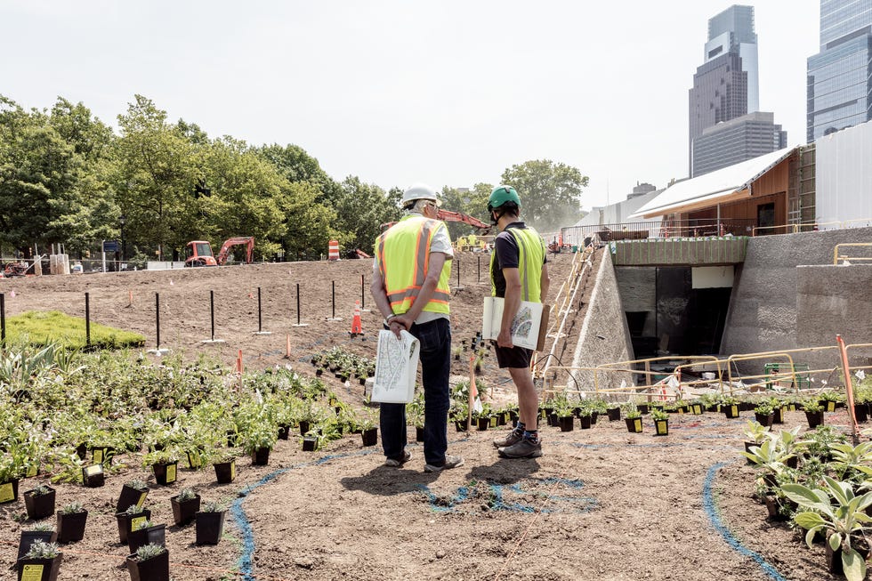 Two individuals in safety vests overseeing a planting project.