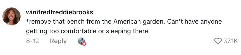 Comment on social media suggesting the removal of a bench from an American garden to prevent comfort or sleeping; liked 37.1K times
