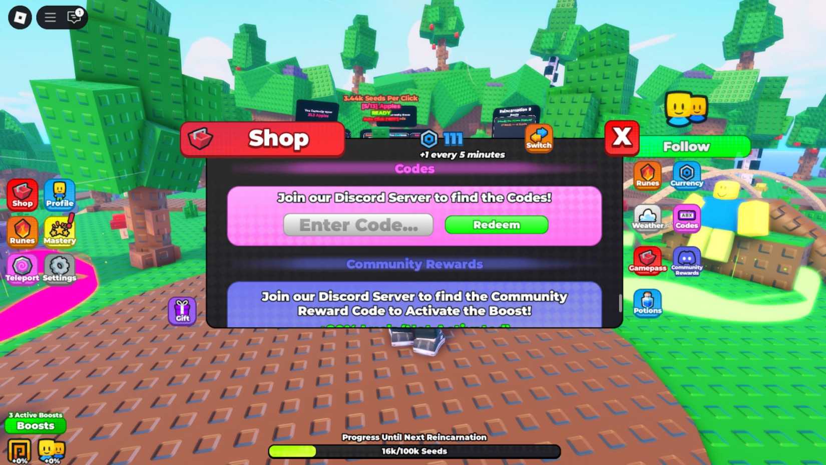 Garden Incremental the codes tab