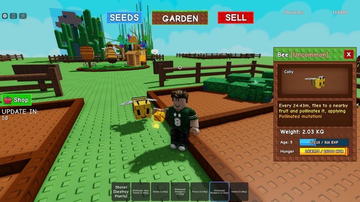 A bee in Grow a Garden, net to the Roblox character.