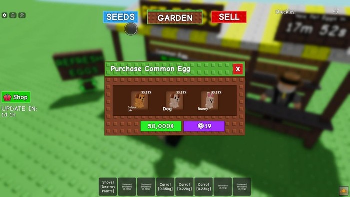 The Common Egg options in the Grow a Garden Egg shop, showing the Golden Lab, Dog, and Bunny options.
