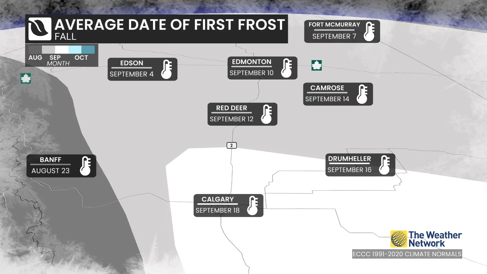 Average date of first frost Alberta