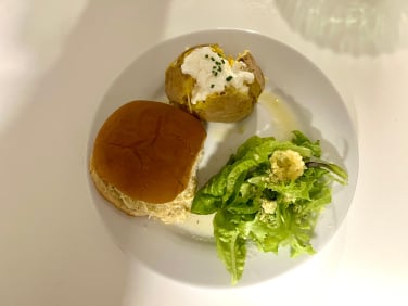 sandwich, salad, and baked potato
