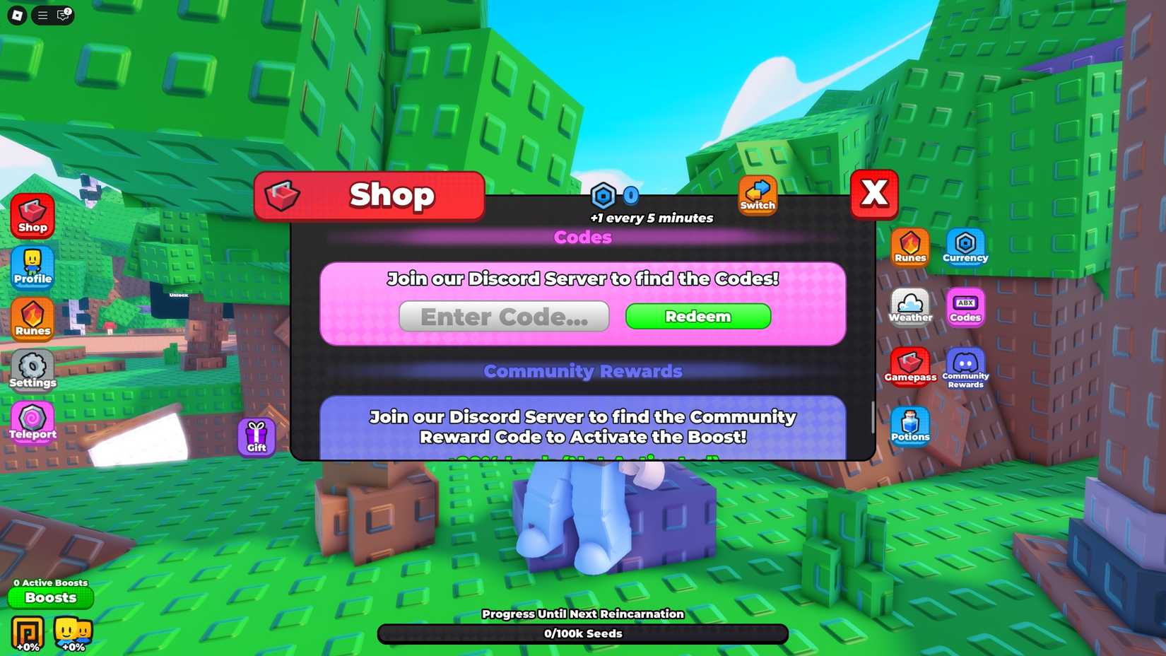 the codes box in Garden Incremental on Roblox
