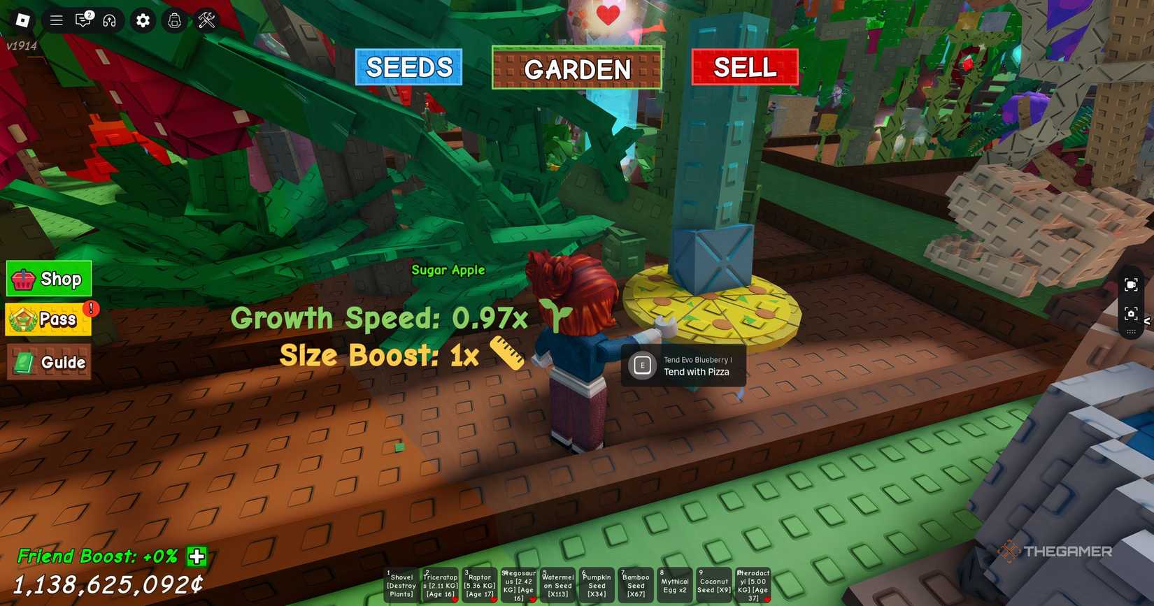 Tending to a plant with pizza in Roblox Grow a Garden.